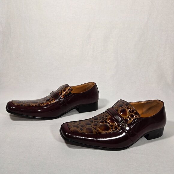 Vintage BALLY Rockabilly Red Wine Patent Leather Brown Crocodile Loafers Size 9. - Picture 3 of 17
